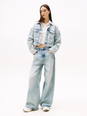 blauw oversized cropped denim truckerjack voor dames - tommy jeans