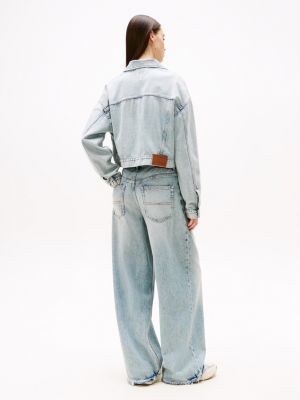 blauw oversized cropped denim truckerjack voor dames - tommy jeans