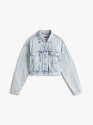 blauw oversized cropped denim truckerjack voor dames - tommy jeans