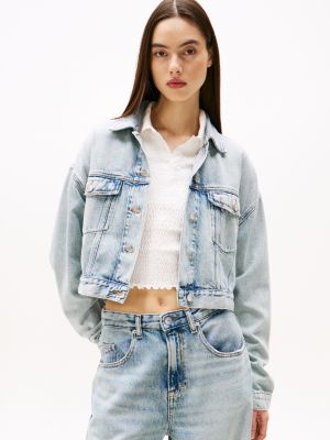 blue oversized cropped denim truckerjack voor dames - tommy jeans