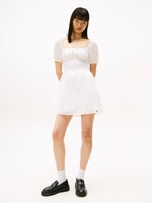 vestido de minivolantes con cuello cuadrado blanco de mujeres tommy jeans