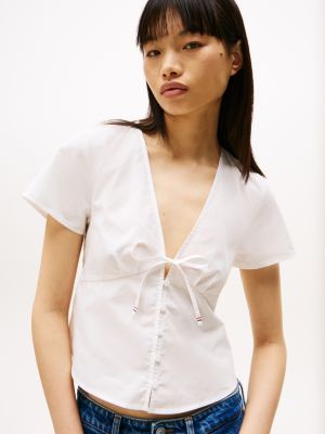 blouse ajustée en popeline à nouer blanc pour femmes tommy jeans