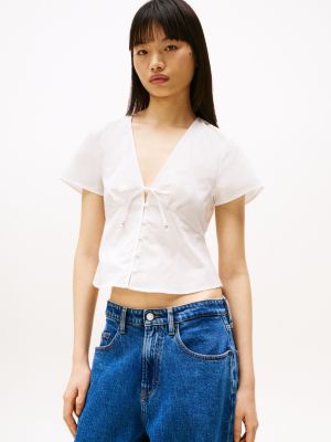 white poplin blouse met strikdetail aan de voorkant voor dames - tommy jeans