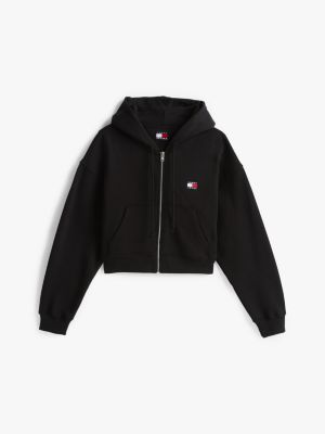 sweat à capuche boxy tommy badge zippé noir pour femmes tommy jeans