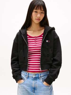 black boxy fit reißverschluss-hoodie mit tommy-badge für damen - tommy jeans