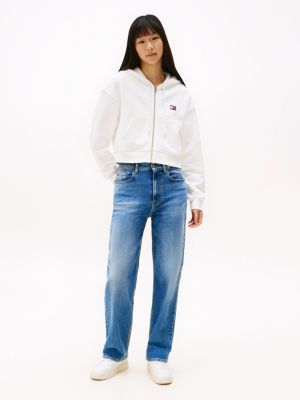 sweat à capuche boxy tommy badge zippé blanc pour femmes tommy jeans