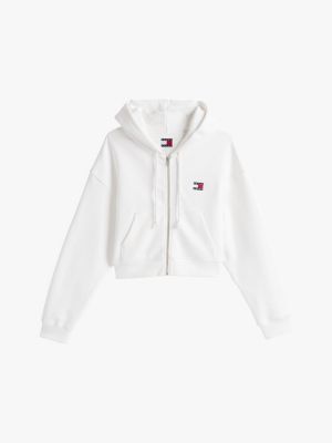 sweat à capuche boxy tommy badge zippé blanc pour femmes tommy jeans