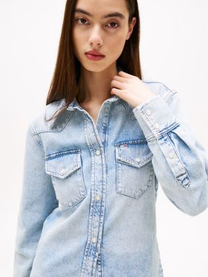 blue regular fit western denim shirt for women tommy jeans