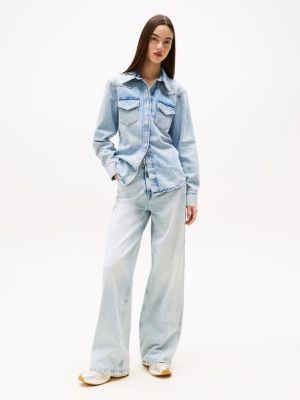 blue regular fit western denim shirt for women tommy jeans