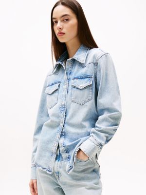 blue regular fit western denim shirt for women tommy jeans