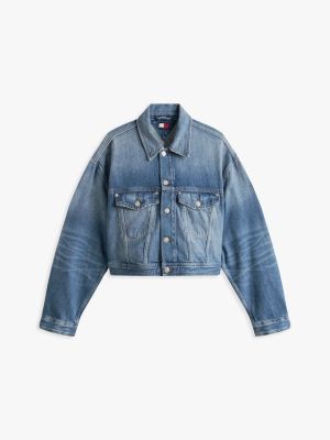 blue tommy girl back logo cropped oversized denim jacket for women tommy jeans
