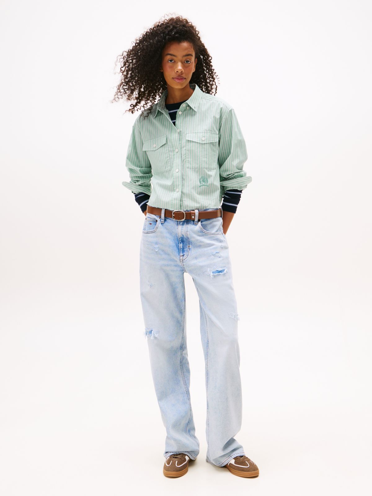 Crest Embroidery Relaxed Fit Cropped Shirt — Green