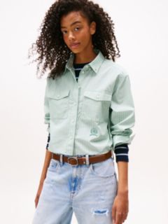 Crest Embroidery Relaxed Fit Cropped Shirt — Green 1