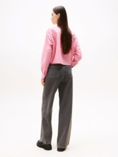 Crest Embroidery Relaxed Fit Cropped Shirt — Pink 4