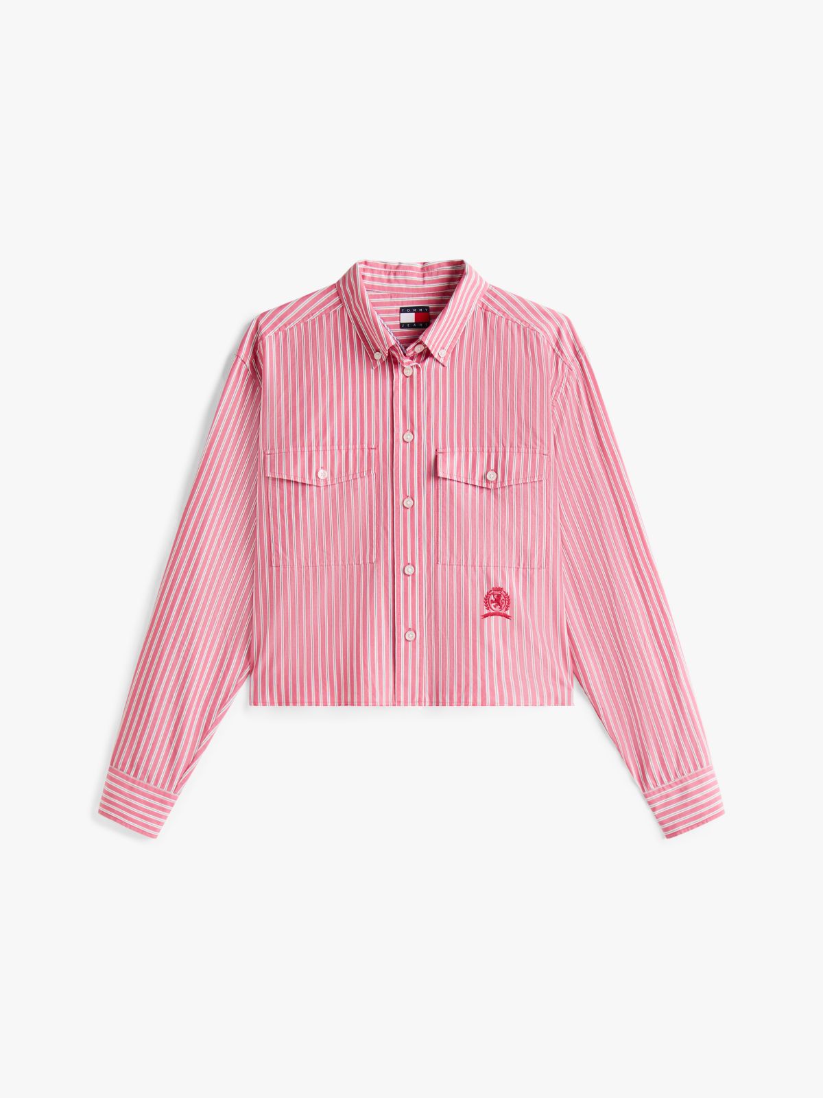 Crest Embroidery Relaxed Fit Cropped Shirt — Pink