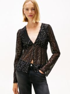Slim Fit Metallic Print Blouse — Black 1