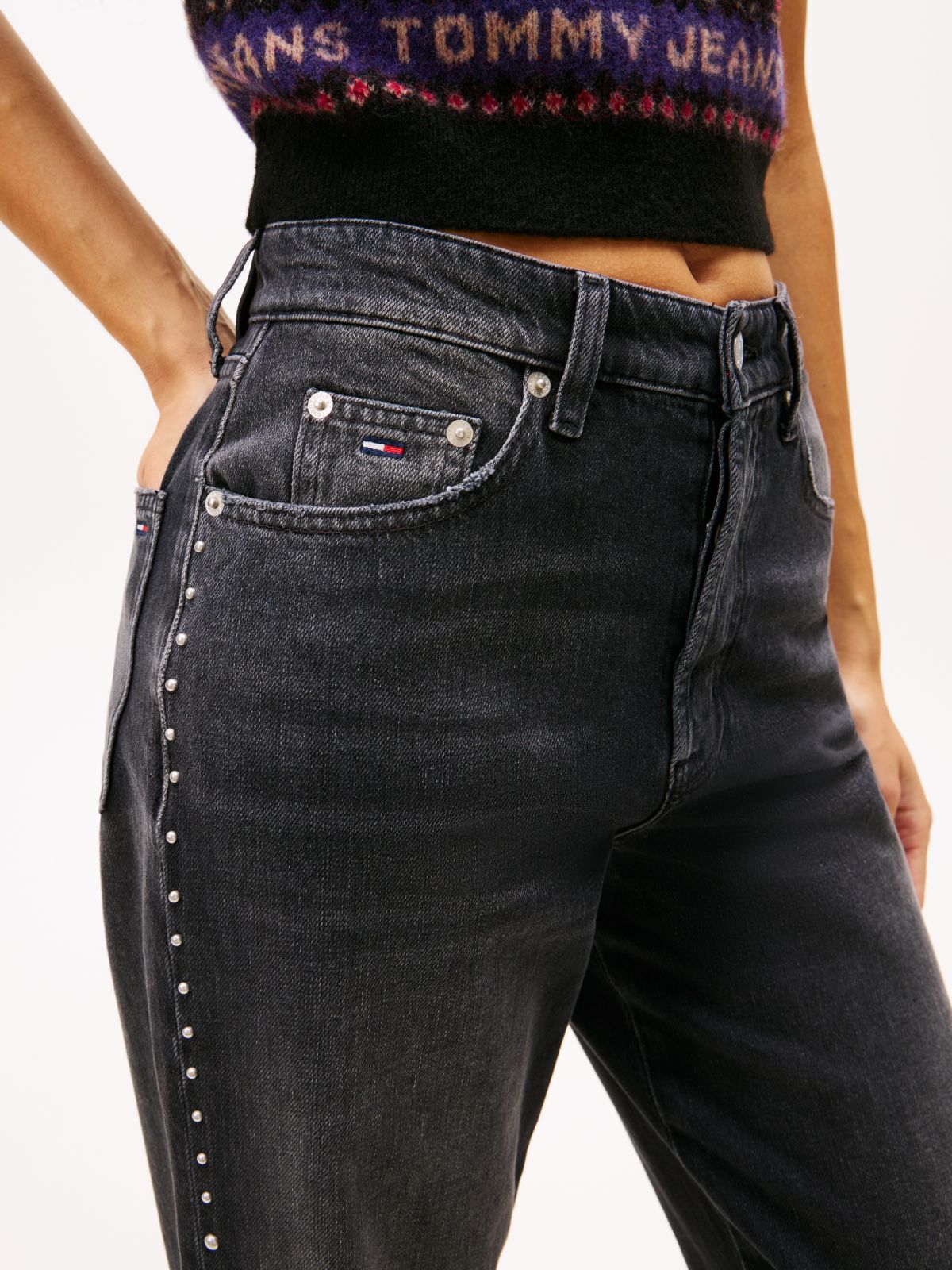 High Rise Black Studded Jeans — Grey