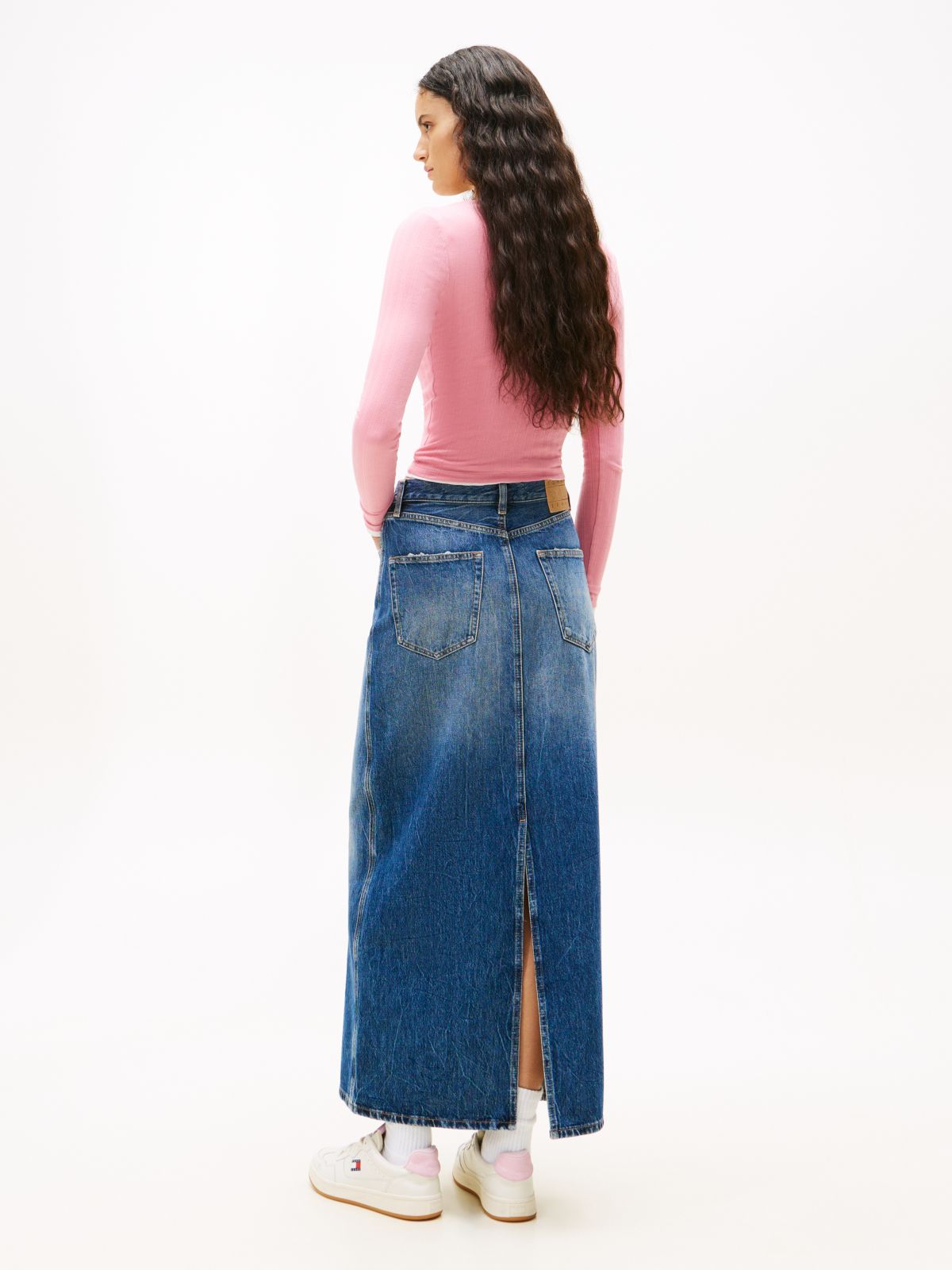 Floral Embroidery Denim Maxi Skirt — Blue