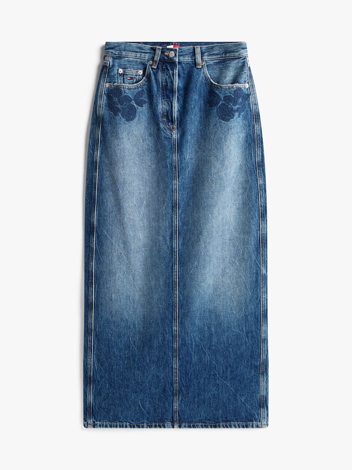 Floral Embroidery Denim Maxi Skirt — Blue