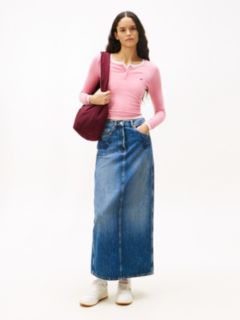 Floral Embroidery Denim Maxi Skirt — Blue 1