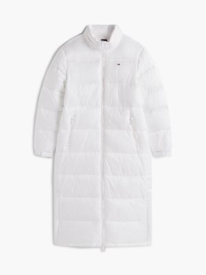 white packable hood longline puffer coat for women tommy jeans