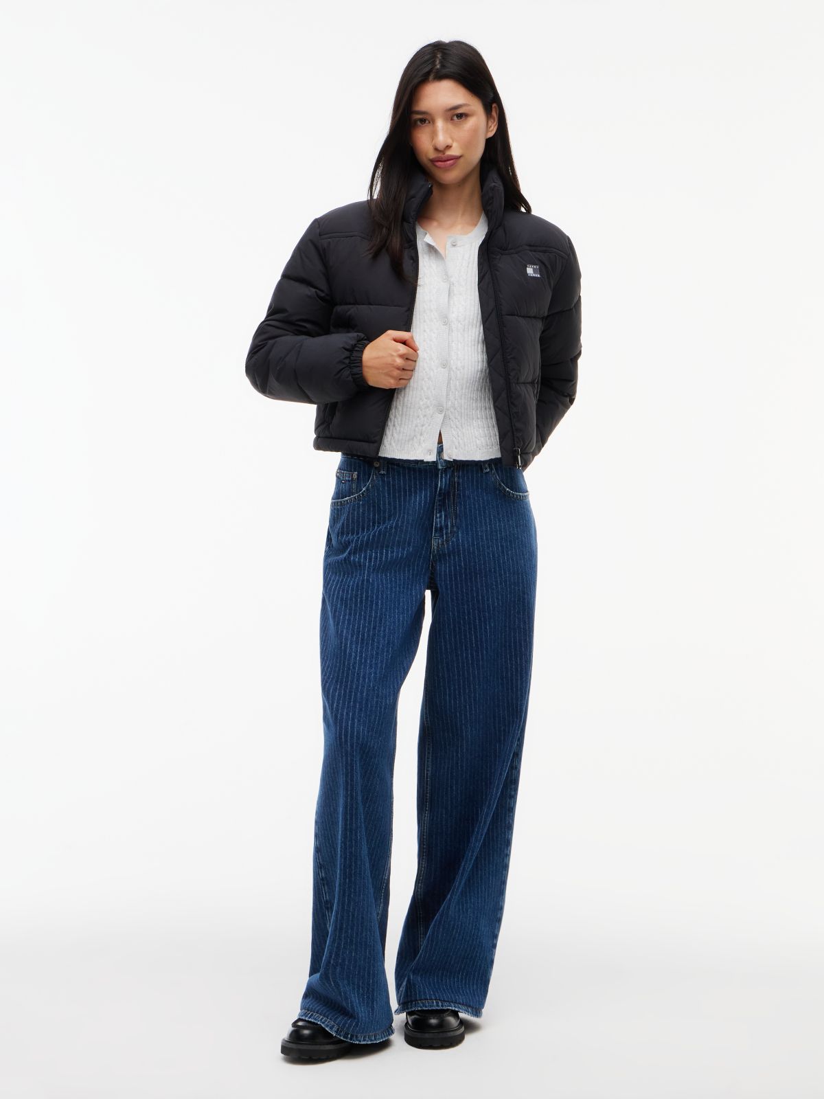 Back Logo Cropped Puffer Jacket — Black