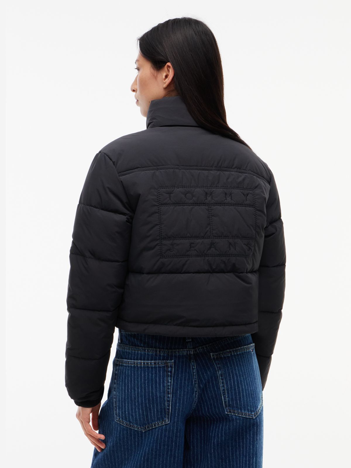 Back Logo Cropped Puffer Jacket — Black