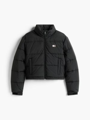 schwarz cropped fit puffer-jacke mit rücken-logo für damen - tommy jeans
