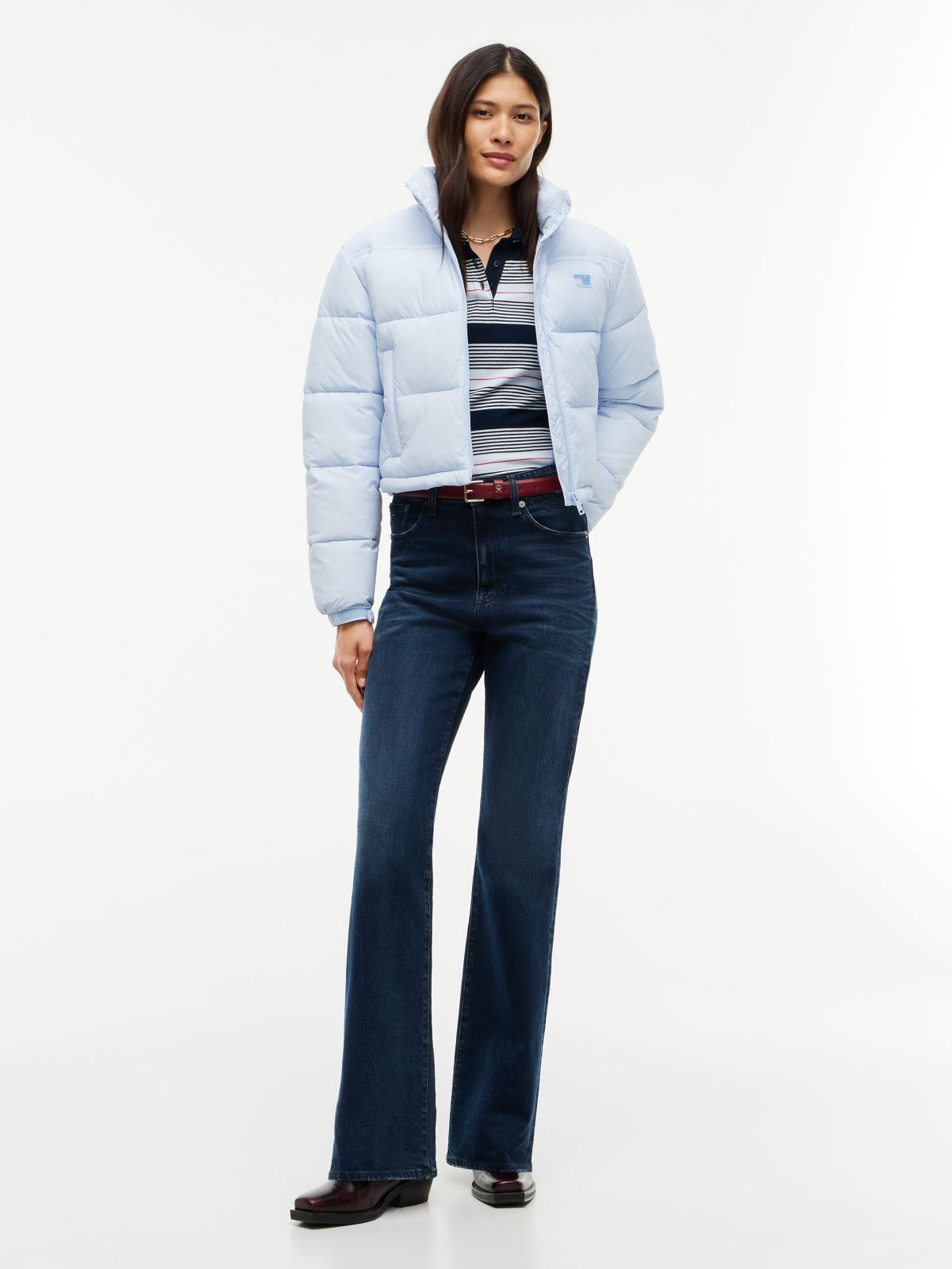 Back Logo Cropped Puffer Jacket — Blue