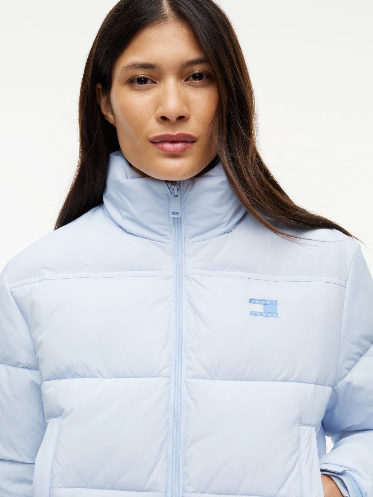 Back Logo Cropped Puffer Jacket — Blue