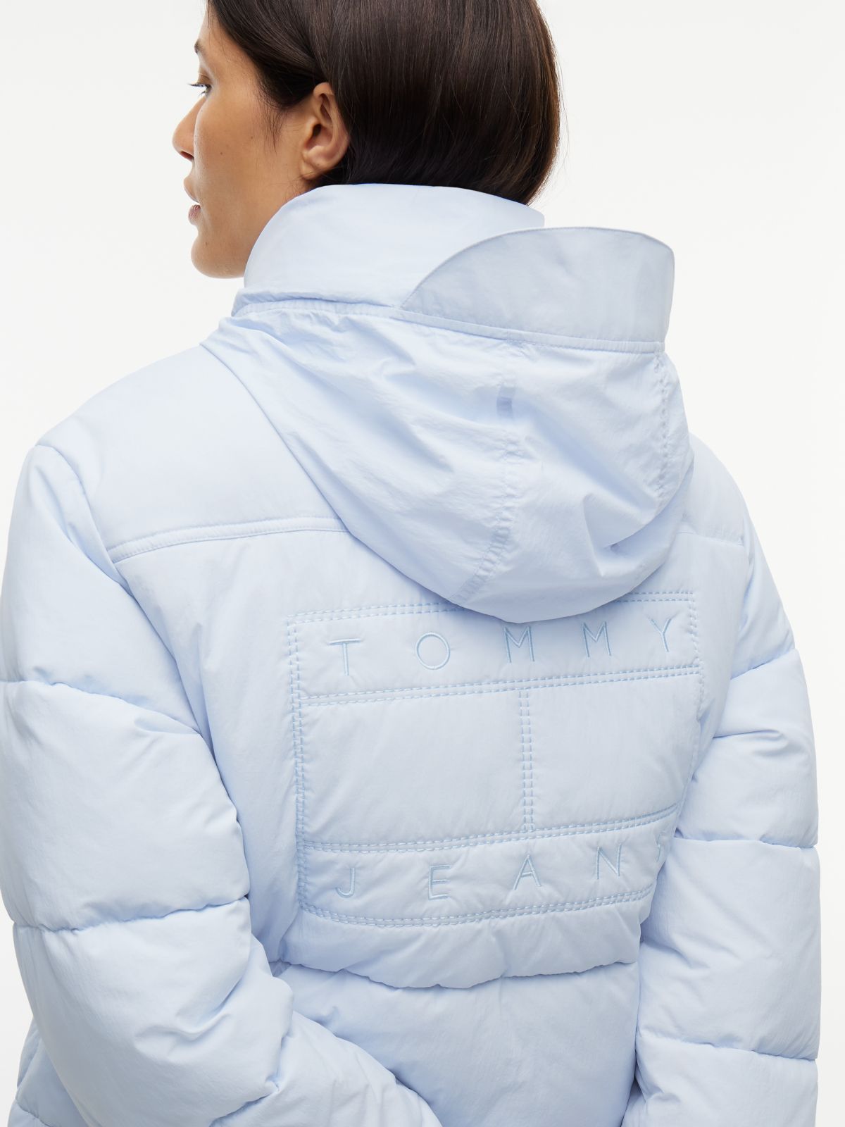 Back Logo Cropped Puffer Jacket — Blue