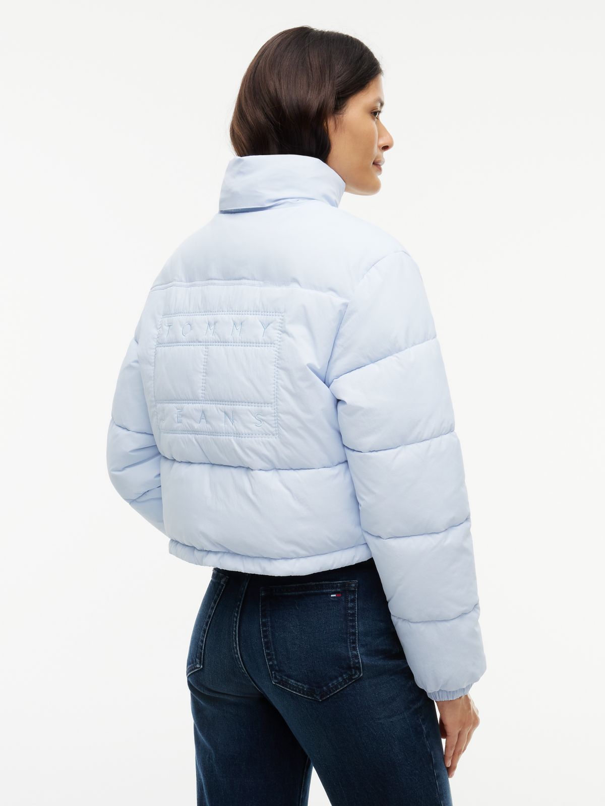 Back Logo Cropped Puffer Jacket — Blue
