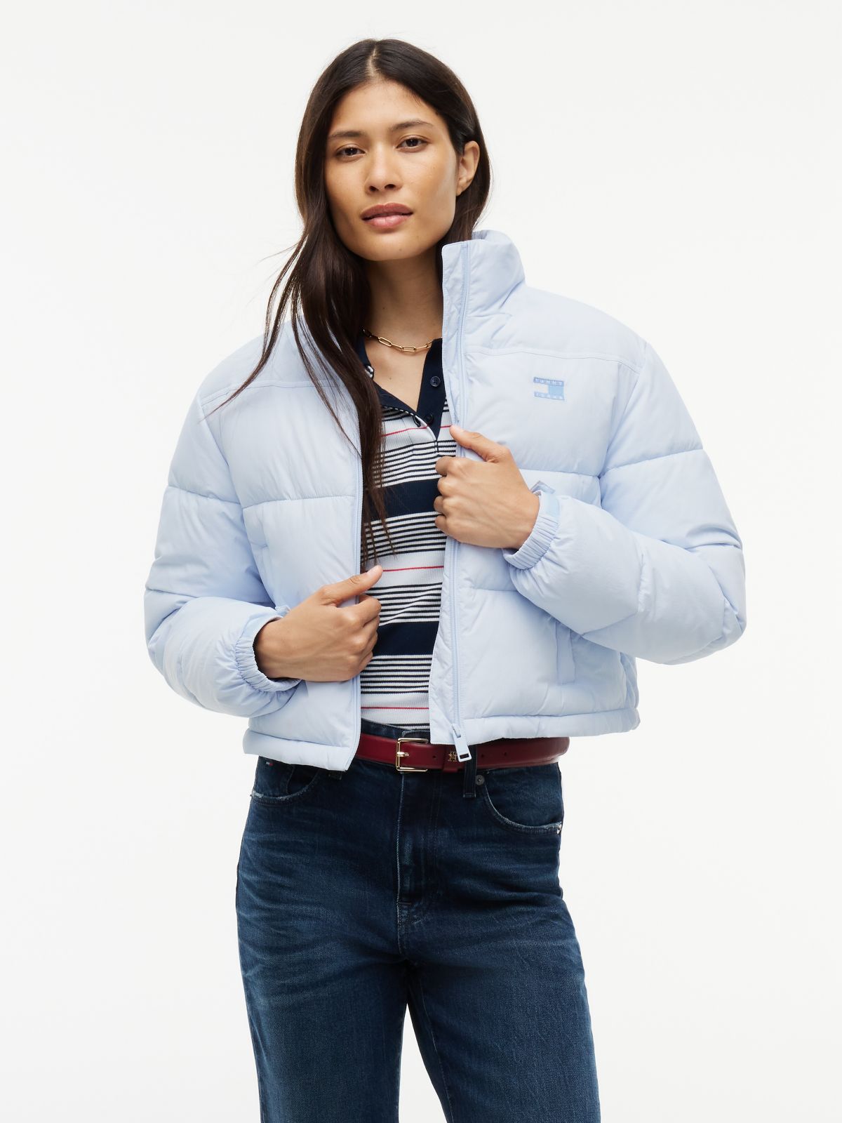 Back Logo Cropped Puffer Jacket — Blue