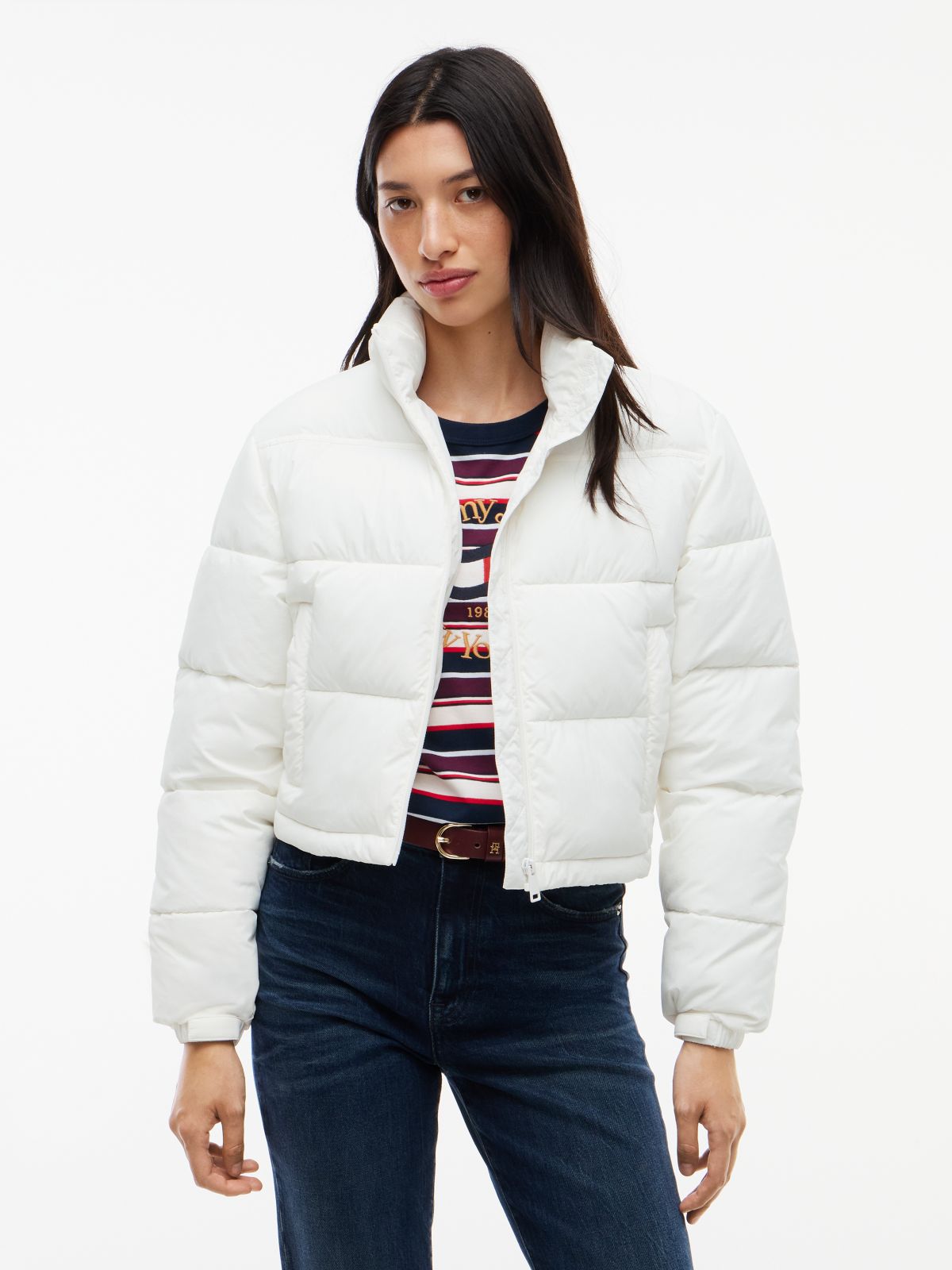 Back Logo Cropped Puffer Jacket — White
