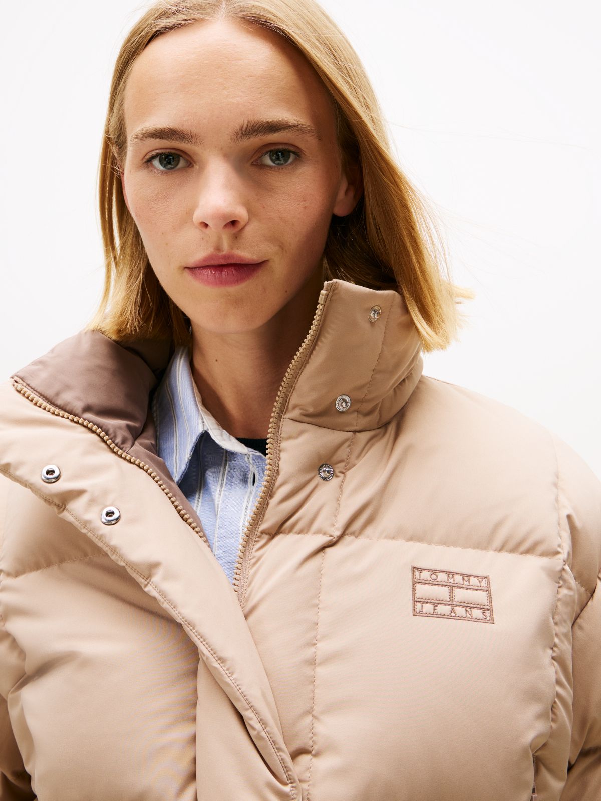 Down Cropped Alaska Puffer Jacket — Beige