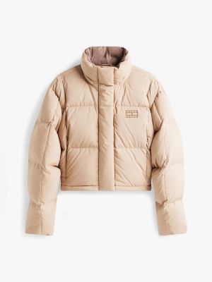 brown down cropped alaska puffer jacket for women tommy jeans