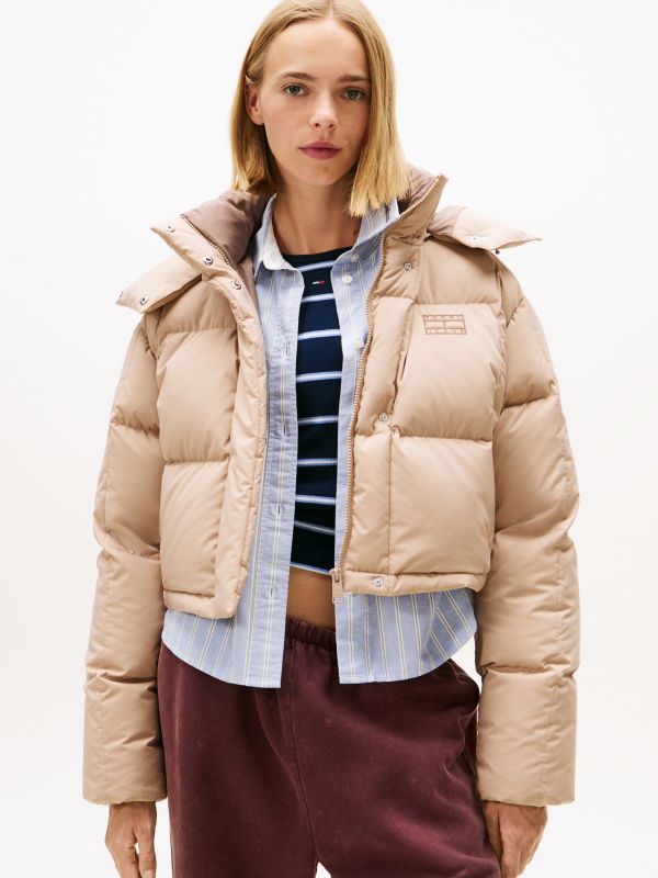 Down Cropped Alaska Puffer Jacket — Beige