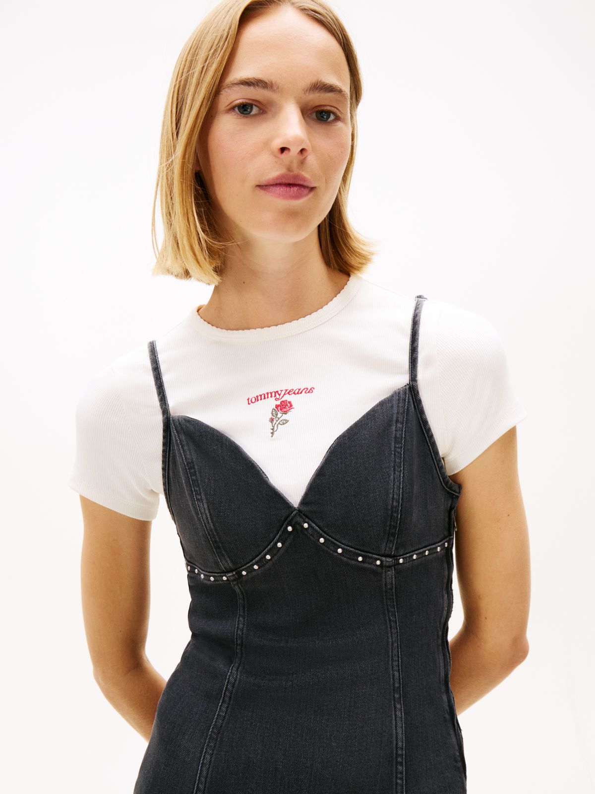 Studded Maxi Denim Slip Dress — Grey