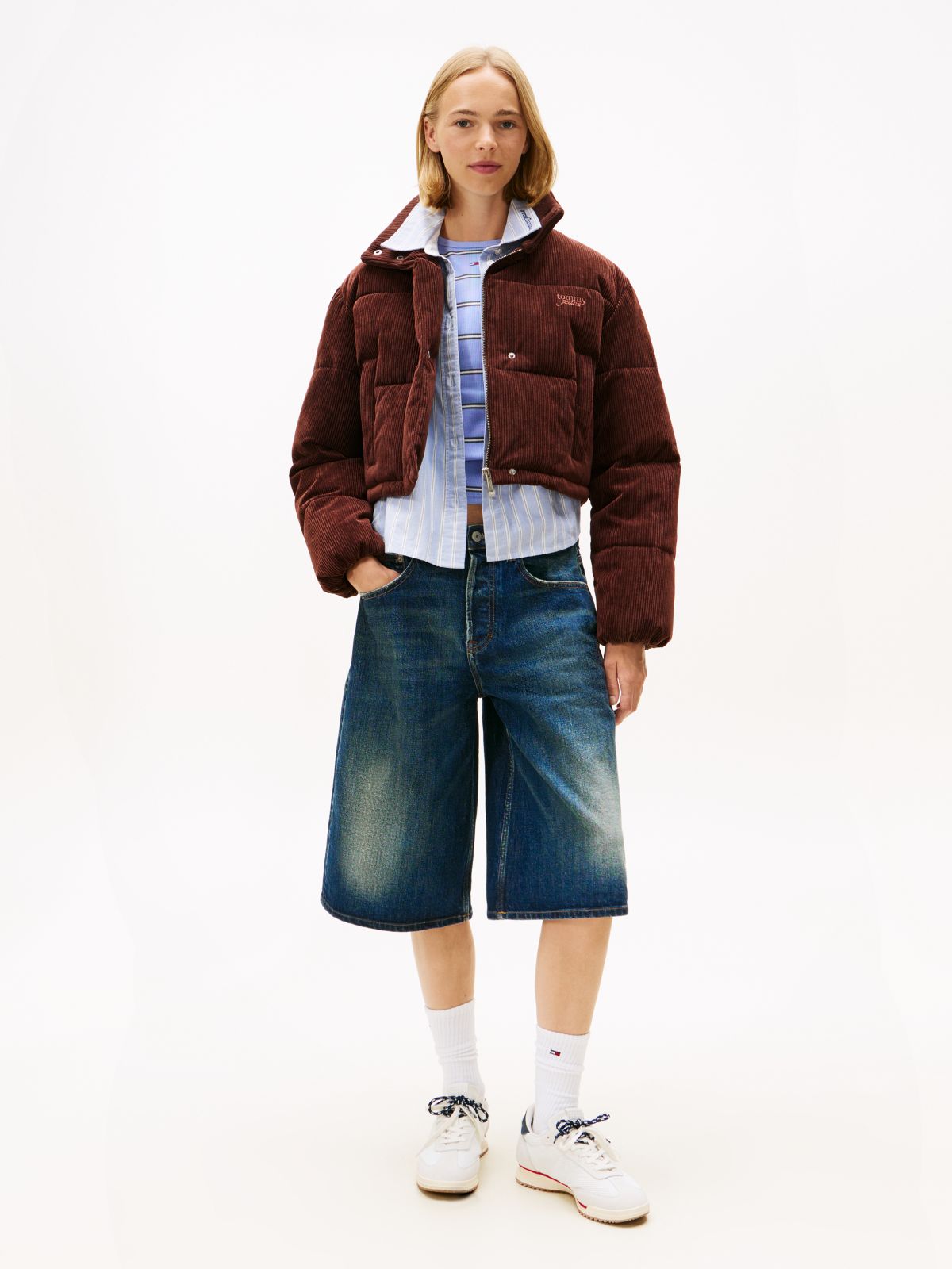 Logo Embroidery Relaxed Corduroy Puffer Jacket — Brown