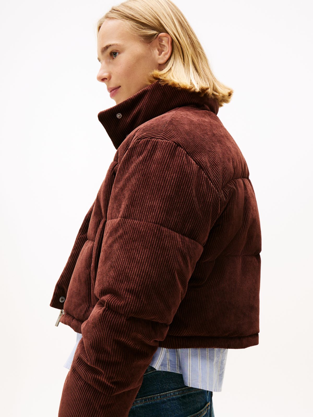 Logo Embroidery Relaxed Corduroy Puffer Jacket — Brown