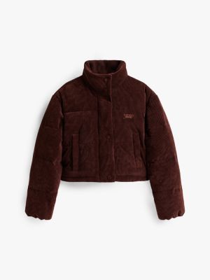 brown logo embroidery relaxed corduroy puffer jacket for women tommy jeans