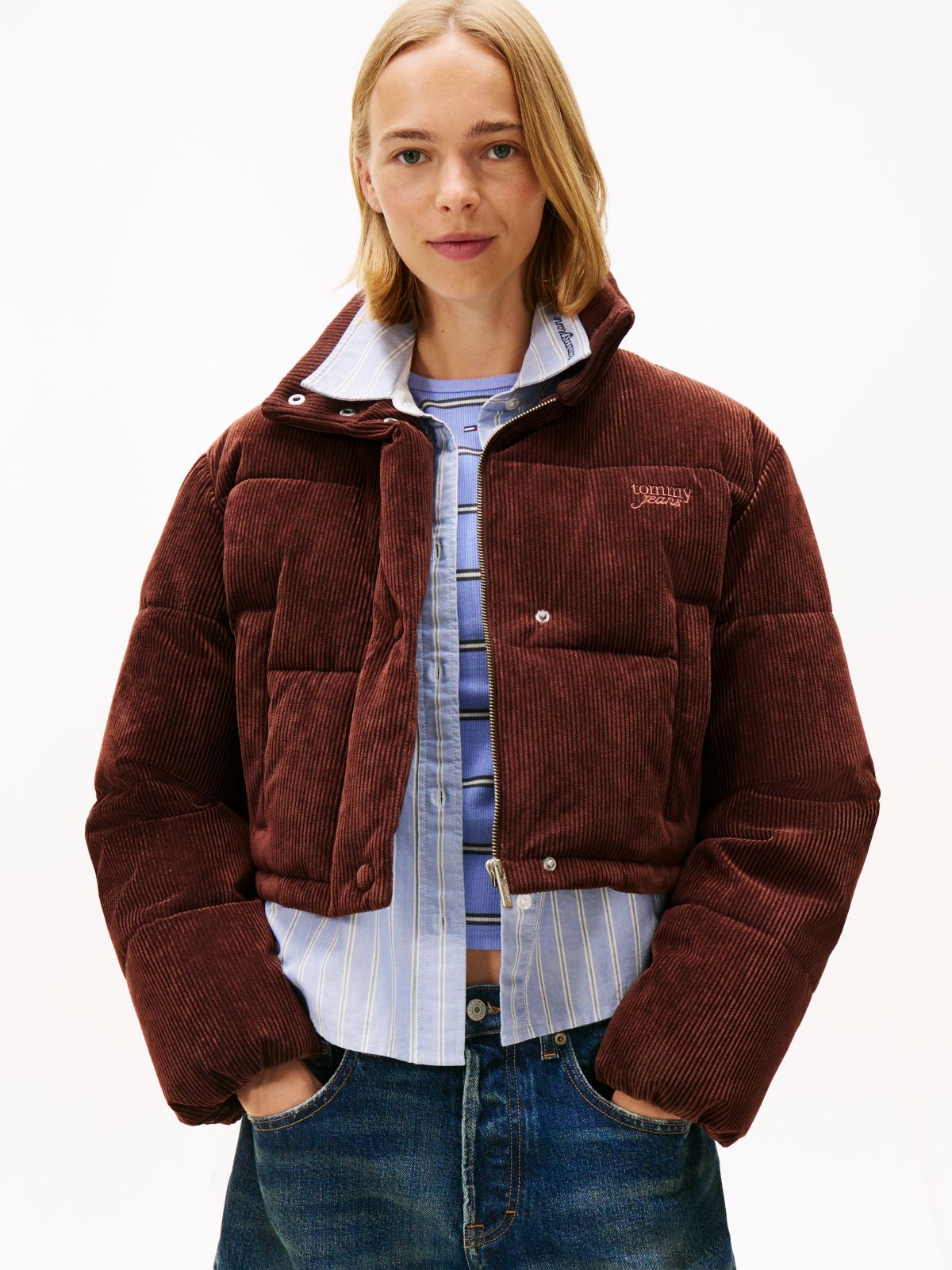 Logo Embroidery Relaxed Corduroy Puffer Jacket — Brown