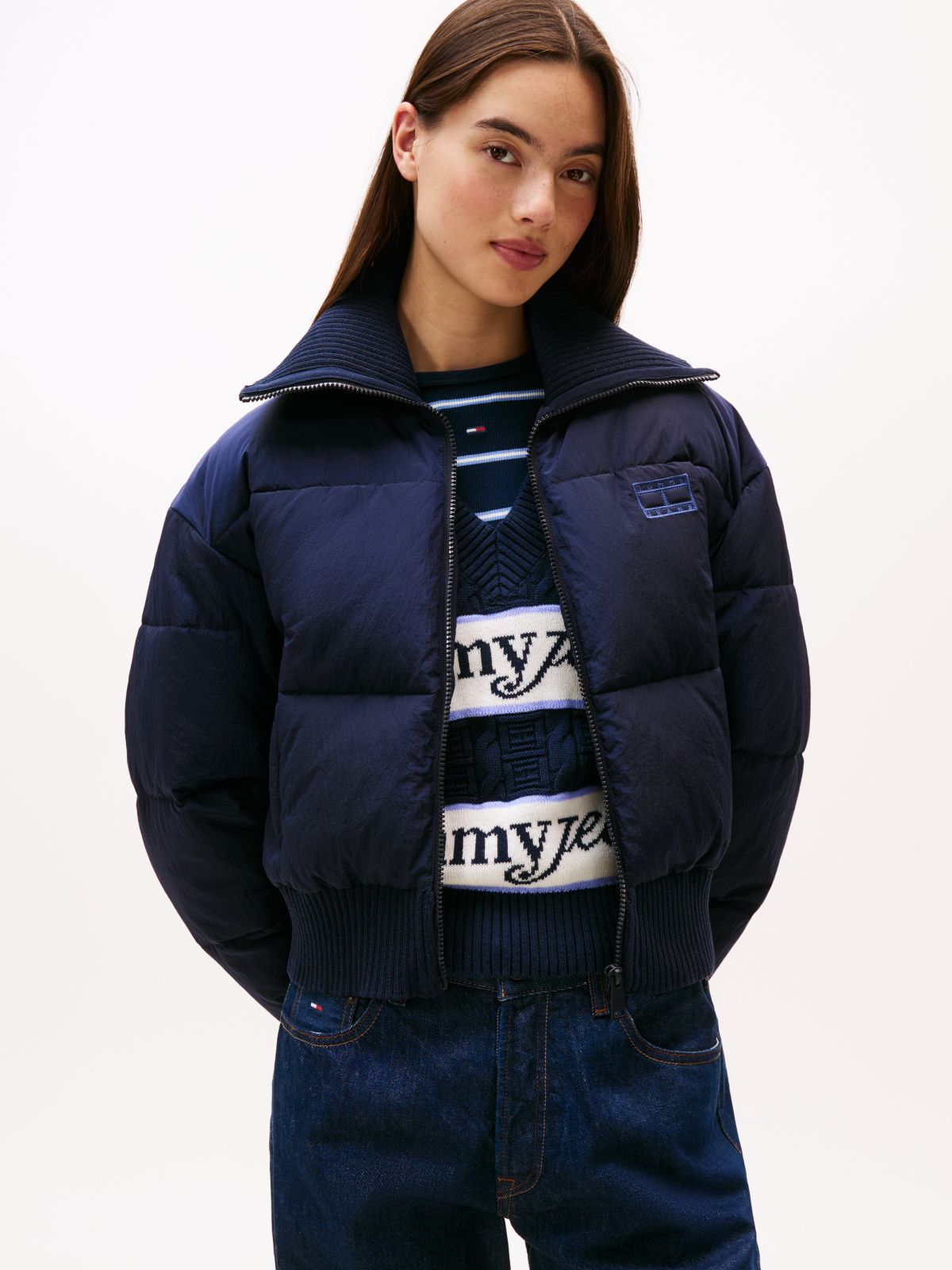 Corduroy Relaxed Cropped Puffer Jacket — Blue