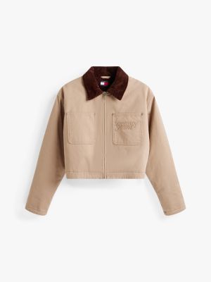 beige logo appliqué padded cropped coach jacket for women tommy jeans