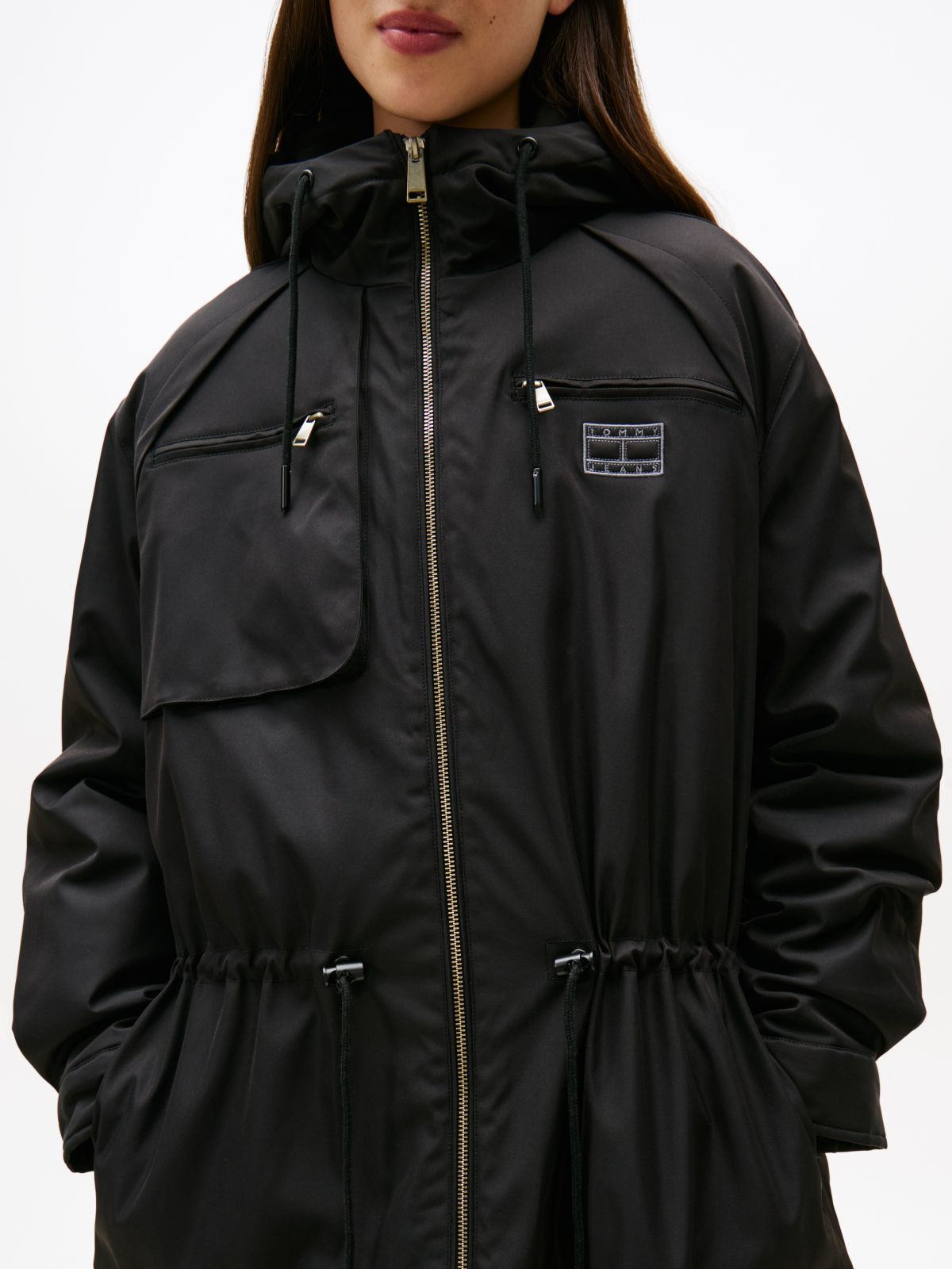 Tommy Badge Relaxed Hooded Parka — Black