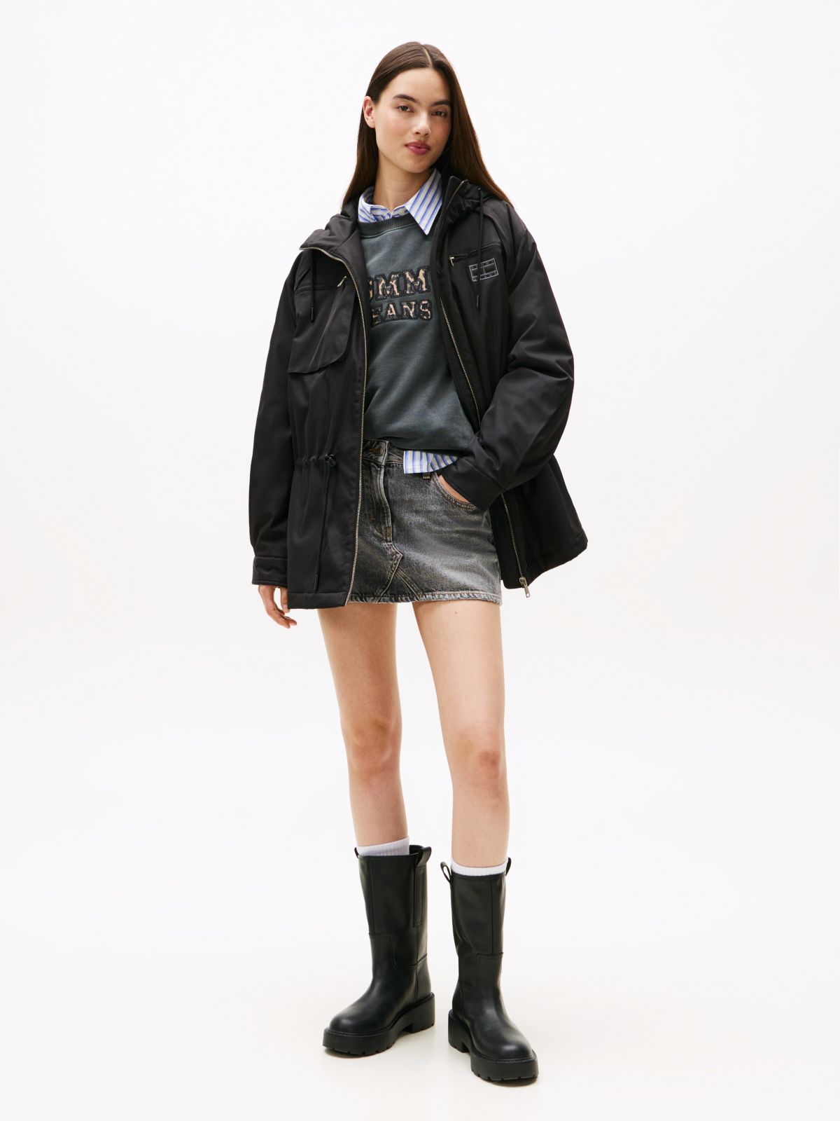 Tommy Badge Relaxed Hooded Parka — Black