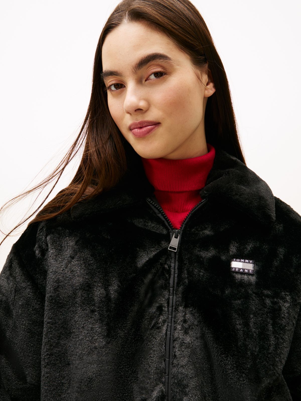 Tommy Badge Faux Fur Bomber Jacket — Black