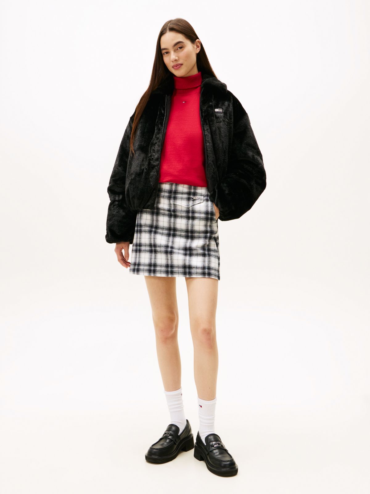 Tommy Badge Faux Fur Bomber Jacket — Black
