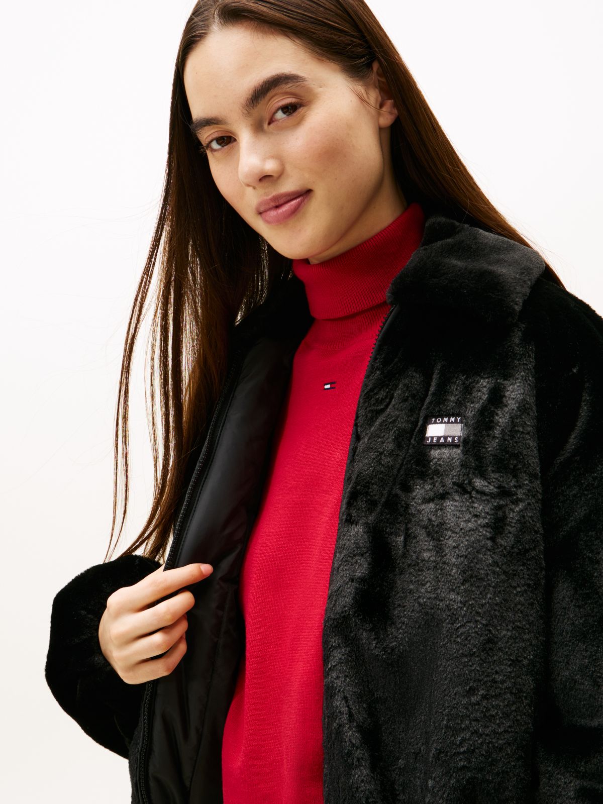 Tommy Badge Faux Fur Bomber Jacket — Black