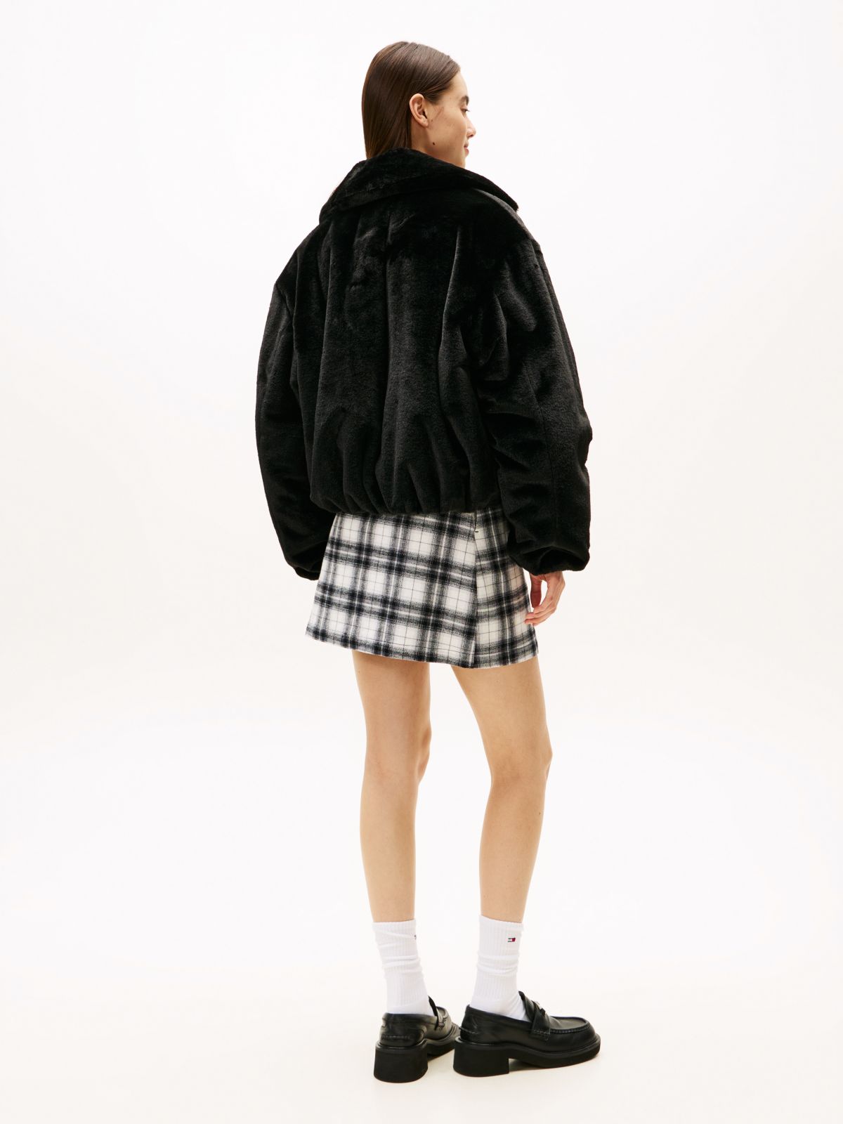 Tommy Badge Faux Fur Bomber Jacket — Black
